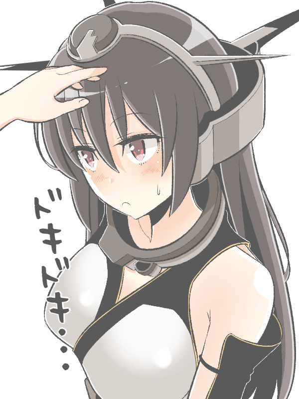 1girl, bare_shoulders, black_gloves, black_hair, blush, breasts, commentary_request, elbow_gloves