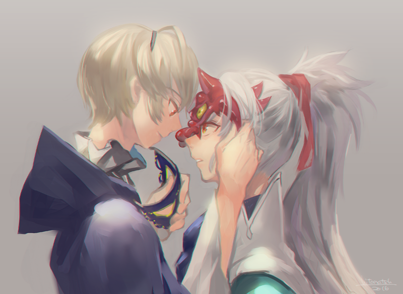 2boys, blonde_hair, fire_emblem, fire_emblem_if, grey_background, grey_hair, hood, hoodie