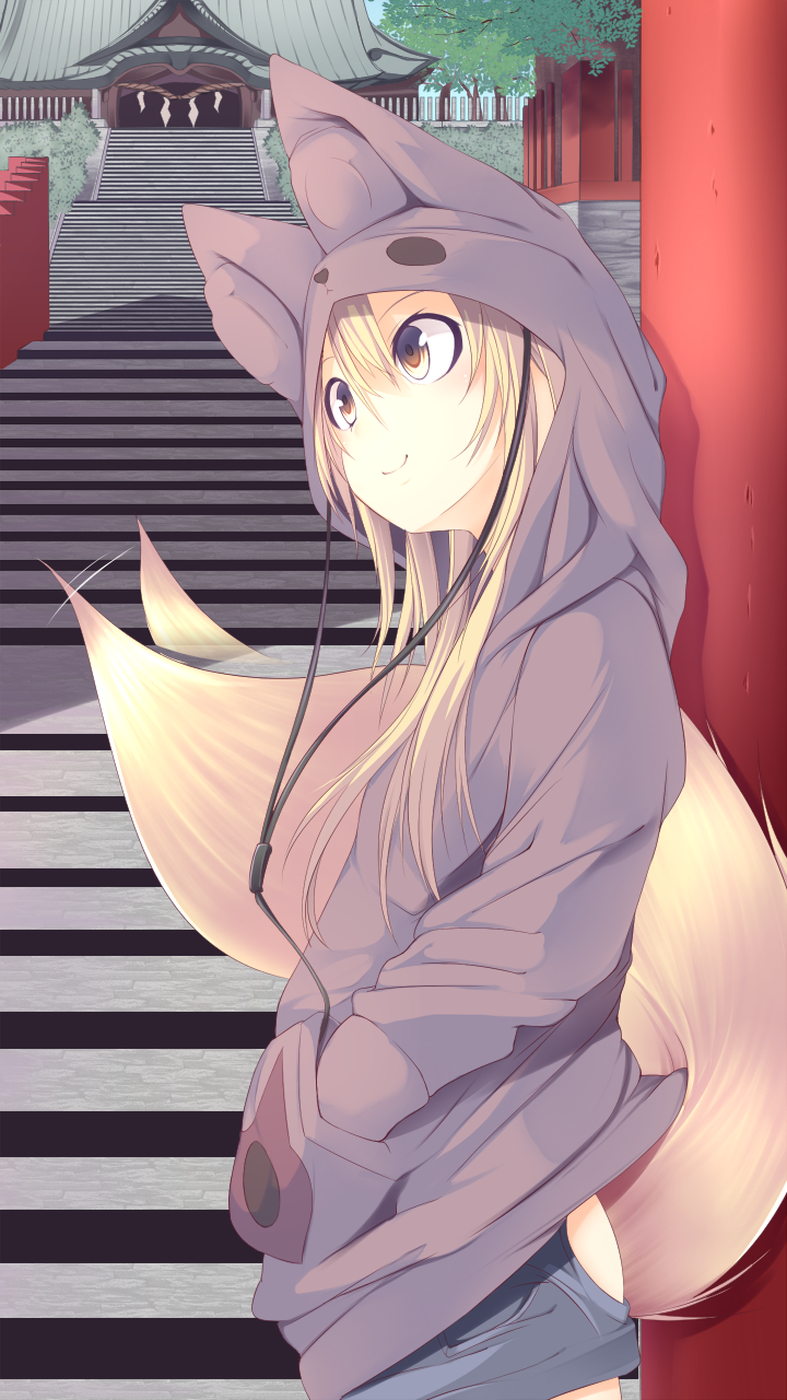 1girl, afterimage, animal_ears, architecture, bangs, blonde_hair, building, bush