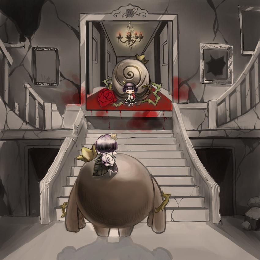 1girl, black_hair, chandelier, crown, flower, highres, mini_crown, portrait_(object), rose, rose_(rose_to_tasogare_no_kojou), rose_to_tasogare_no_kojou, ruins, stairs, titan_(rose_to_tasogare_no_kojou)