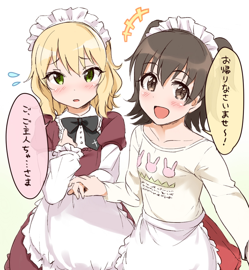 2girls, akagi_miria, apron, black_hair, blonde_hair, blush, green_eyes, idolmaster
