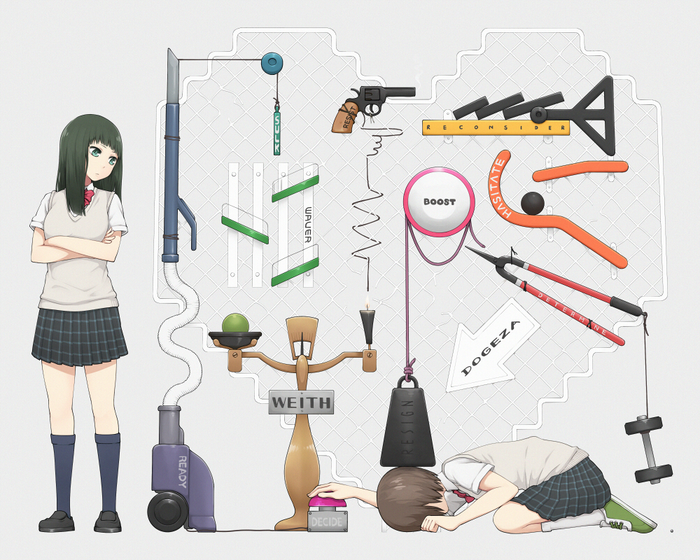 2girls, balance_beam, black_hair, blue_eyes, brown_hair, crossed_arms, dogeza, dumbbell