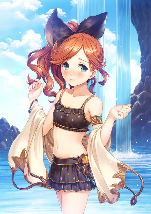 1girl, alternate_hairstyle, armlet, blue_eyes, blush, bow, bracelet, clouds