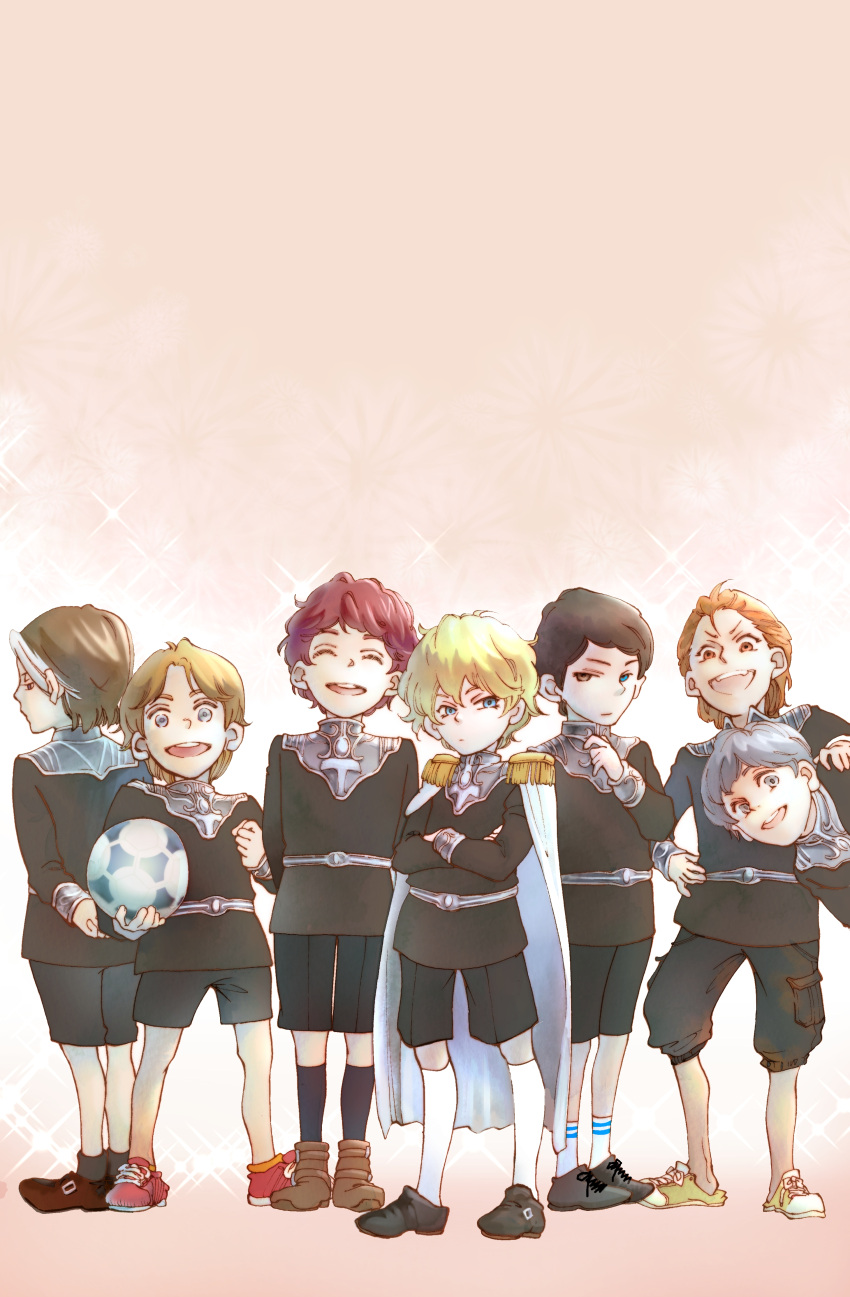 6+boys, absurdres, black_hair, blonde_hair, blue_eyes, brown_hair, cape, child