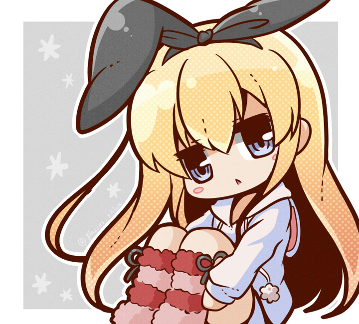 1girl, :<, animal_hood, blonde_hair, bloom2425, blue_eyes, blush_stickers, bunny_hood, hairband, hood, hoodie, kantai_collection, long_hair, long_sleeves, looking_at_viewer, open_mouth, shimakaze_(kantai_collection), solo, striped, striped_legwear, thigh-highs, triangle_mouth, twitter_username