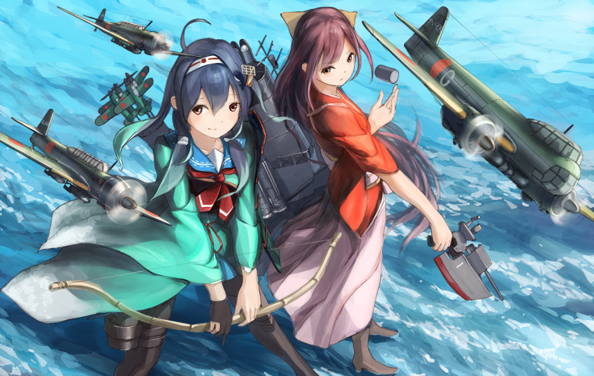 2girls, airplane, blue_hair, boots, bow_(weapon), brown_eyes, brown_hair, doraxi