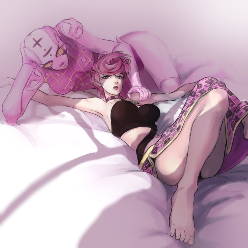 1girl, absurdres, barefoot, black_panties, blue_eyes, bra, choker, gehirnkaefer