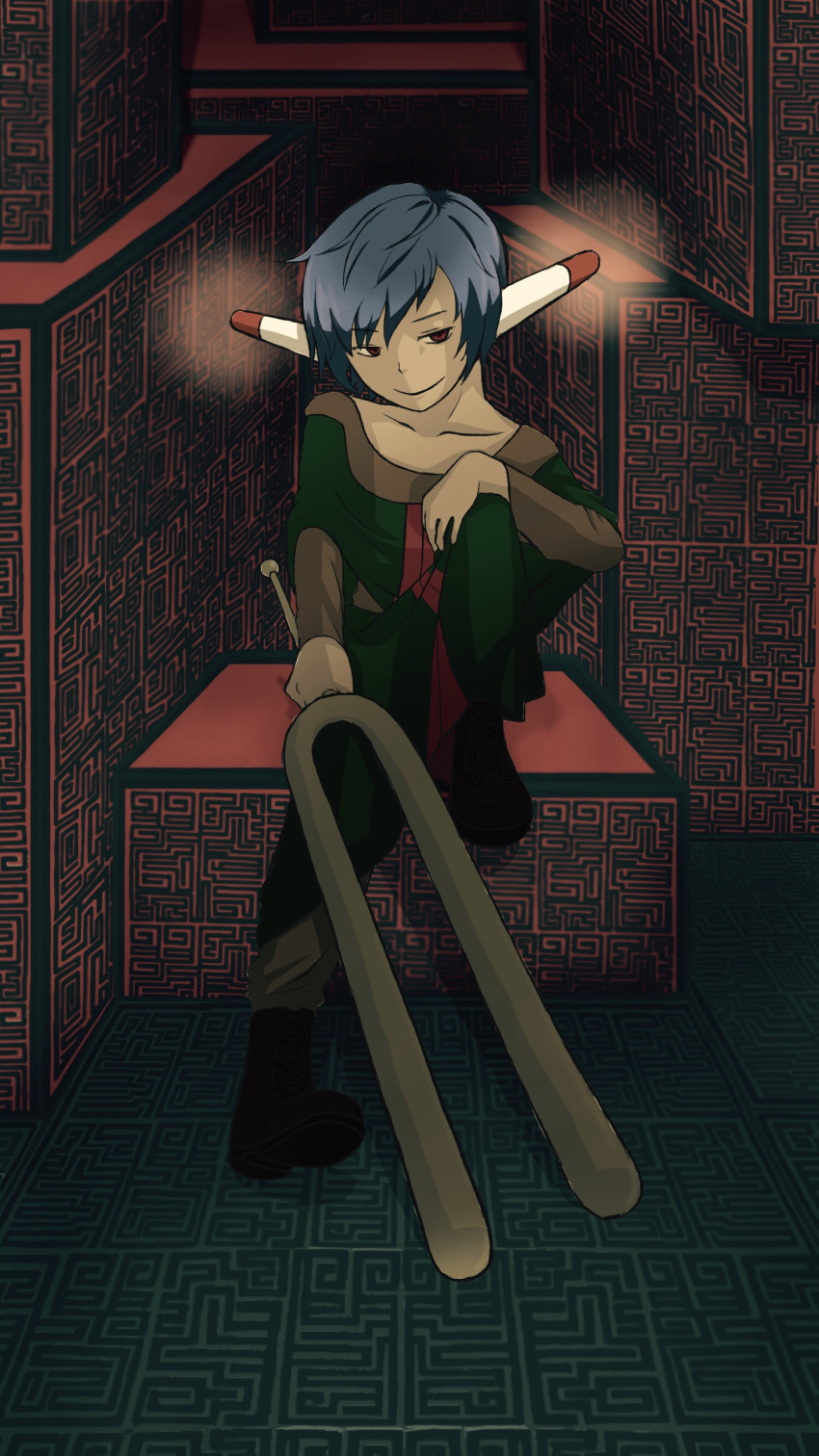 1boy, absurdres, blue_hair, highres, male_focus, shima_(tukshimashima), short_hair, sitting