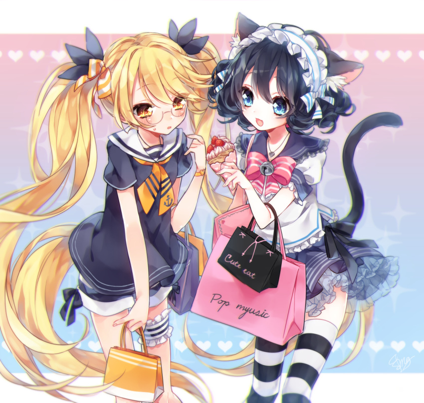 2girls, :d, animal_ears, bag, bell, black_hair, blonde_hair, blue_eyes