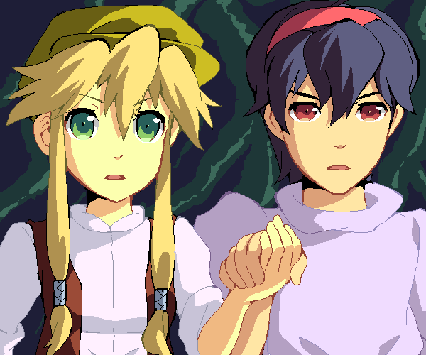 1boy, 1girl, blonde_hair, clarissa_arwin, cosplay, enoo, felius_arwin, green_eyes