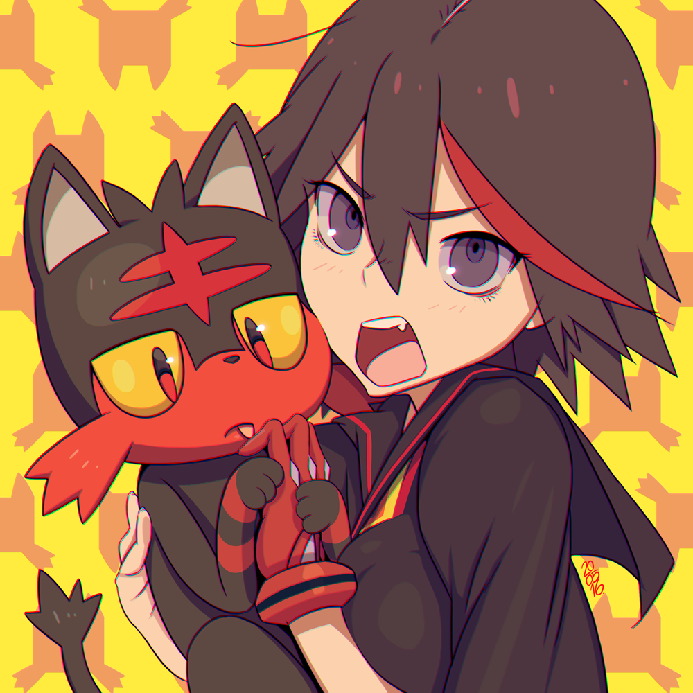 1girl, alcoholrang, cat, kill_la_kill, licking, litten_(pokemon), matoi_ryuuko, pokemon