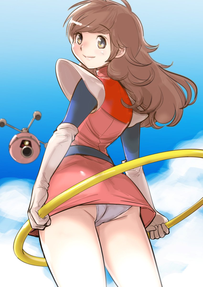 1girl, belt, brown_eyes, brown_hair, cowboy_shot, dtym, elbow_gloves, gloves, highres, hoop, hula_hoop, kanda_momo, long_hair, looking_at_viewer, panties, pantyshot, pantyshot_(standing), shoulder_pads, smile, solo, standing, underwear, upskirt, white_gloves, wonder_momo