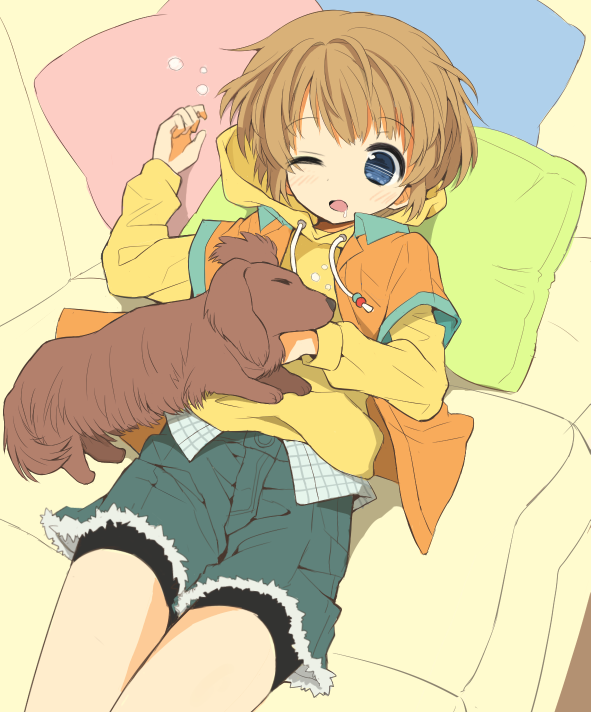 1boy, bike_shorts, blue_eyes, blush, brown_hair, dog, drooling, hood