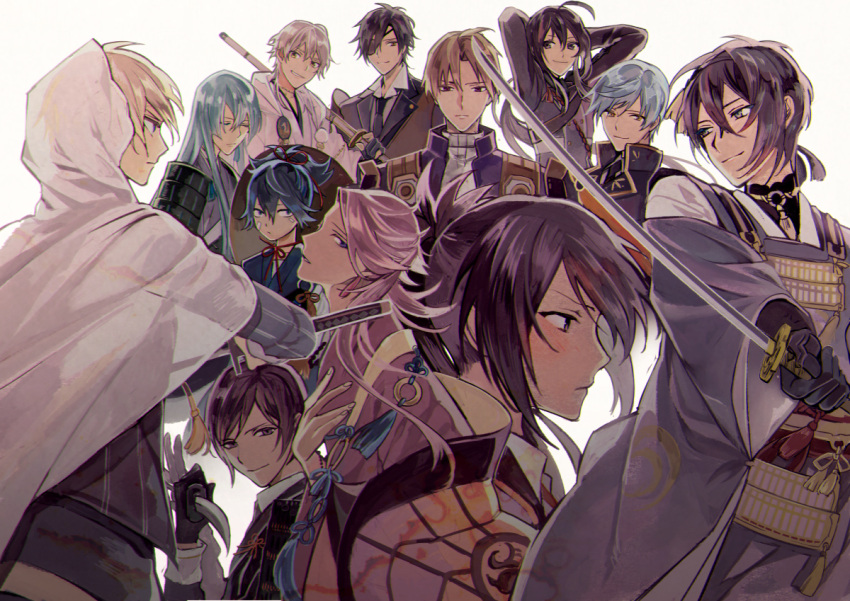 6+boys, ahoge, black_gloves, black_hair, blonde_hair, blue_eyes, blue_hair, brown_hair