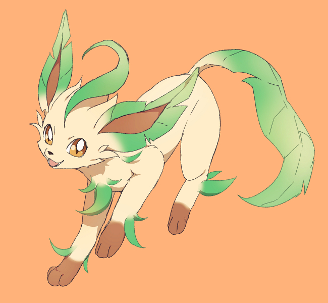 leafeon, matsuki_(mikipingpong), no_humans, open_mouth, orange_background, pokemon, pokemon_(creature), smile, yellow_eyes