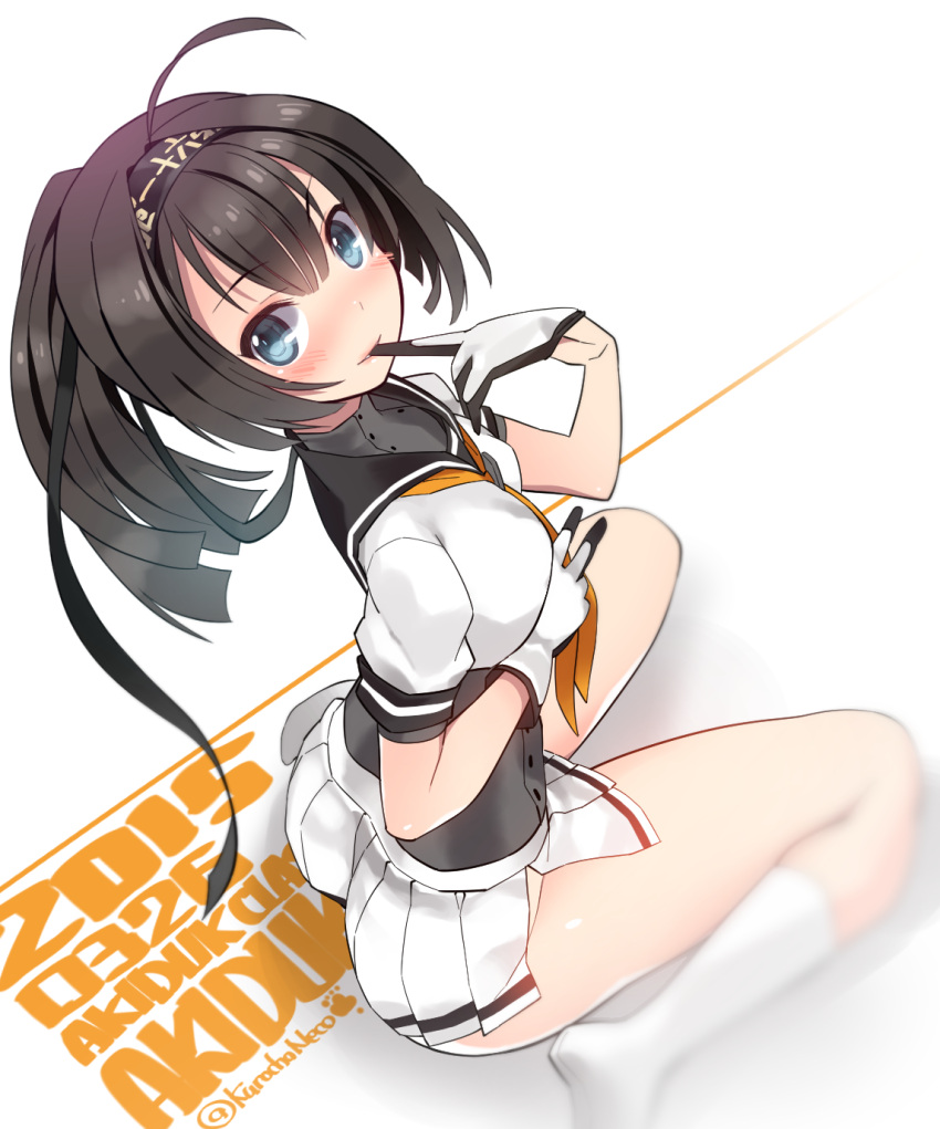 1girl, ahoge, akizuki_(kantai_collection), biting, black_gloves, black_hair, blue_eyes, blush