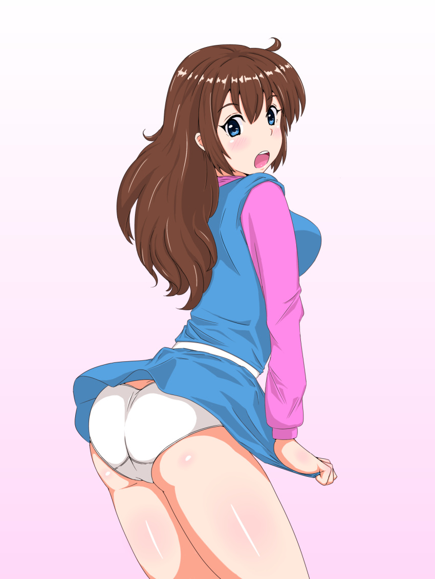 1girl, :o, ass, blue_eyes, blush, brown_hair, dress, highres, kanda_momo, legs, long_hair, long_sleeves, panties, skirt, skirt_tug, solo, taka_(copyrobot), underwear, white_panties, wonder_momo