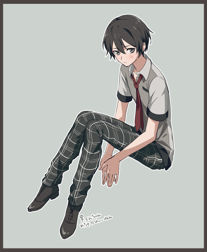 1boy, black_border, black_hair, blush, border, grey_eyes, hands_together, male_focus
