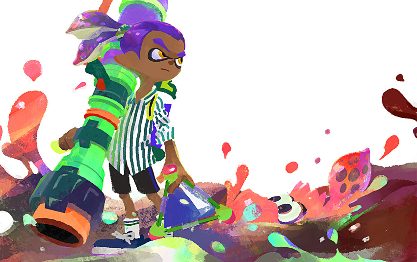 1boy, bike_shorts, closed_mouth, dark_skin, domino_mask, high_ponytail, ink, ink_tank_(splatoon)