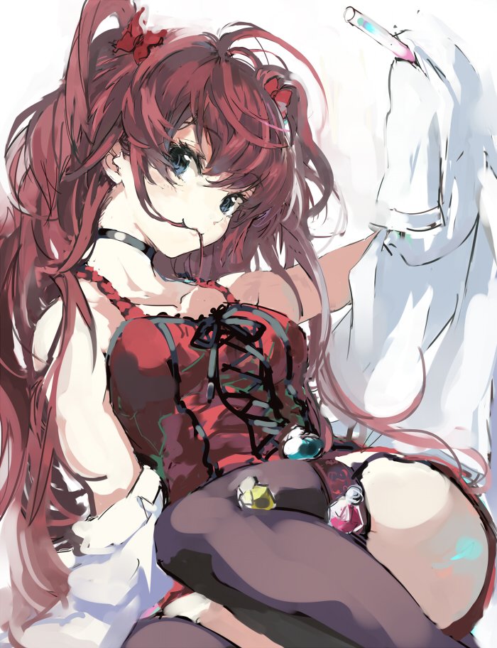 :3, bare_shoulders, collar, collarbone, ichinose_shiki, kusanagi_kikoku, labcoat, mouth_hold