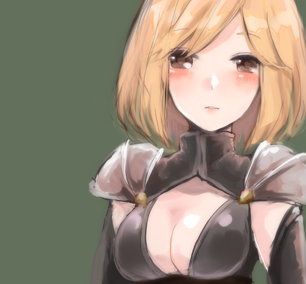 1girl, blonde_hair, blush, breasts, brown_eyes, cleavage, djeeta_(granblue_fantasy), granblue_fantasy