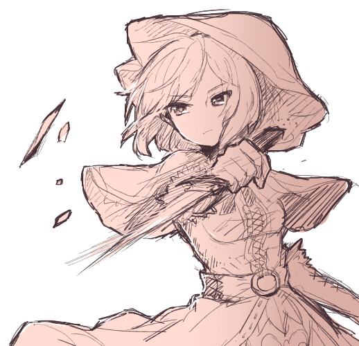 1girl, attack, belt, dagger, djeeta_(granblue_fantasy), dress, elbow_gloves, frown