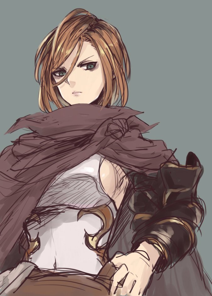 1girl, apollonia_vaar, aqua_background, aqua_eyes, armor, bags_under_eyes, breasts, brown_hair