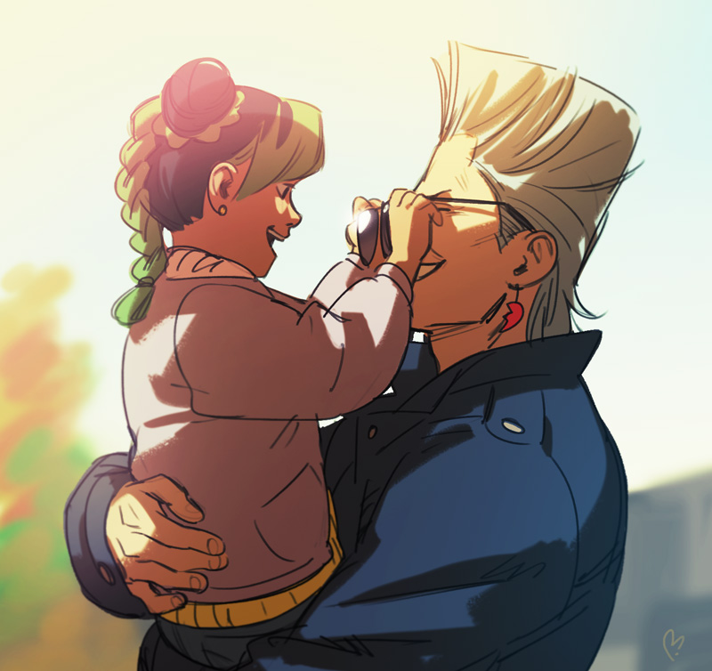1boy, 1girl, black_hair, braid, carrying, child, closed_eyes, double_bun