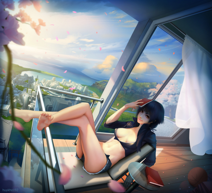 1girl, bakemonogatari, balcony, bandages, barefoot, basketball, black_hair, book