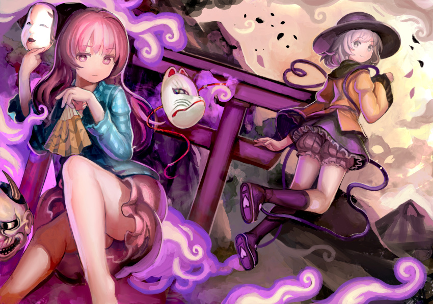 2girls, arch, arm_up, bare_legs, barefoot, black_boots, black_hat, blonde_hair