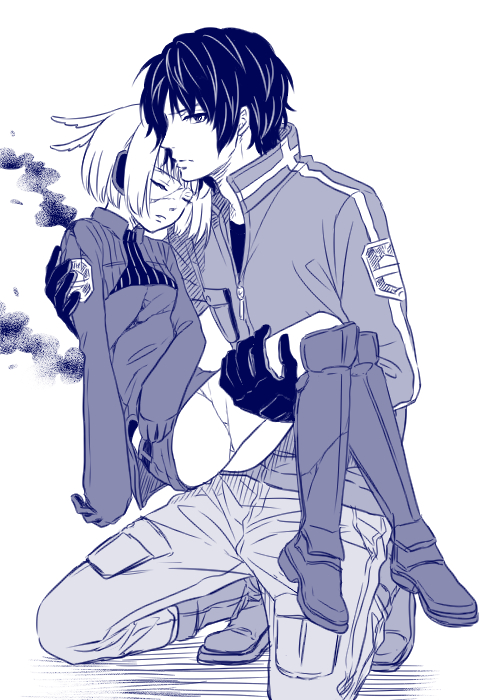 1boy, 1girl, badge, bangs, blue, boots, carrying, closed_eyes