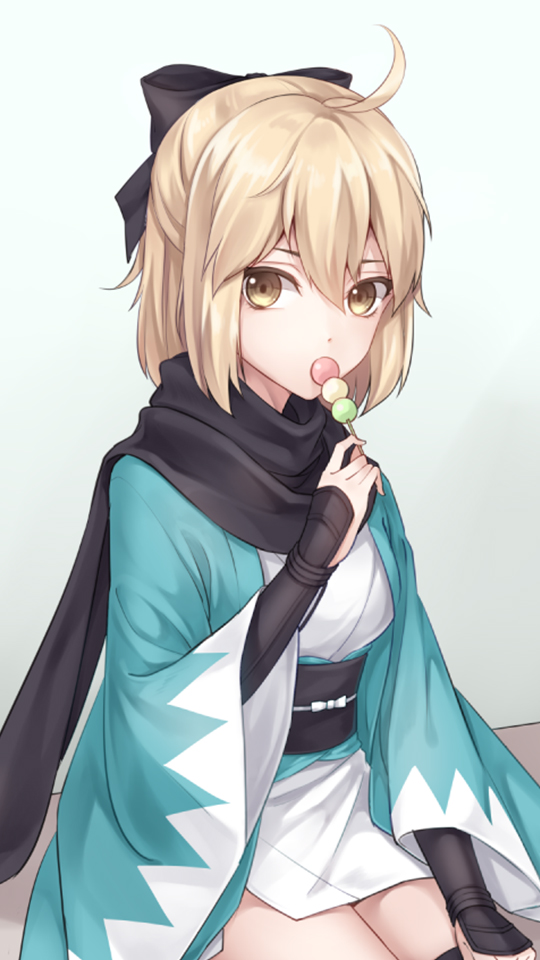 1girl, ahoge, blonde_hair, bow, dango, fate/grand_order, fate_(series), food