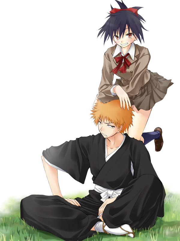 black_hair, bleach:_memories_of_nobody, blush, brown_eyes, grass, grin, hair_ribbon, iwasaki_takashi