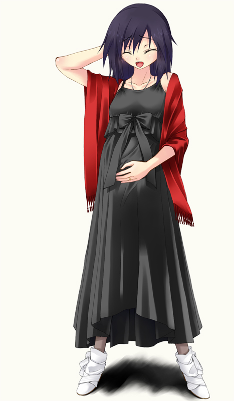 black_hair, bleach:_memories_of_nobody, blush, closed_eyes, dress, hair_down, hand_on_head, iwasaki_takashi