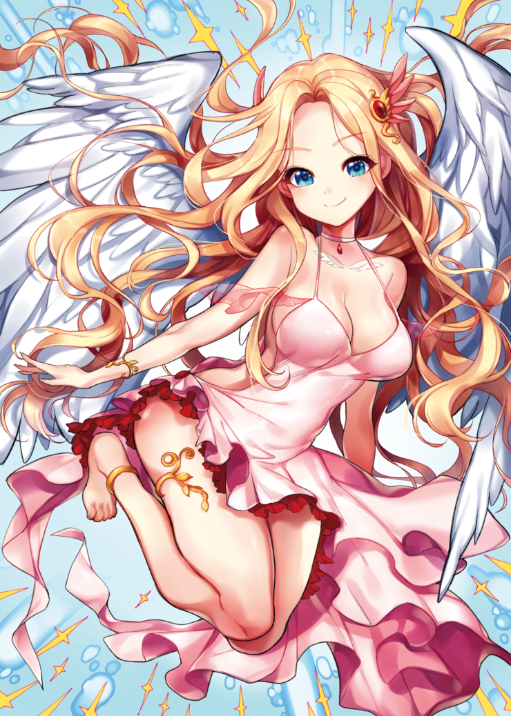 1girl, angel, angel_wings, anklet, bare_shoulders, barefoot, blonde_hair, blue_background