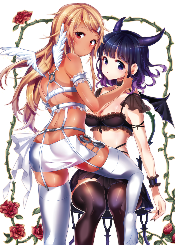 2girls, angel_and_devil, angel_wings, arm_at_side, arm_garter, arm_ribbon, ass, back