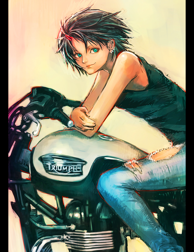 1girl, bare_shoulders, black_hair, black_shirt, boyaking, closed_mouth, denim, earrings, hair_ornament, hairclip, jeans, jewelry, leaning_forward, looking_at_viewer, motor_vehicle, motorcycle, original, pants, pillarboxed, red_lips, shirt, short_hair, simple_background, sitting, sleeveless, smile, solo, tank_top, torn_clothes, torn_jeans, triumph, vehicle, yellow_background