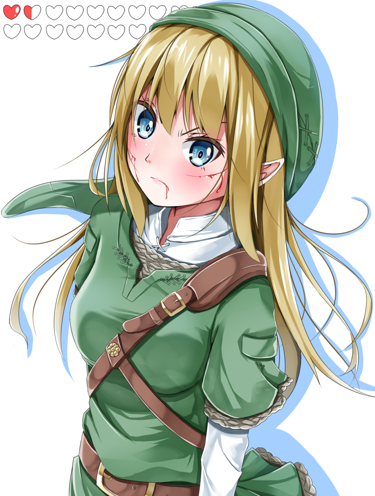>:(, 1girl, amagami_rukichi, belt, beltbra, blonde_hair, blood, blood_from_mouth, blood_on_face, blue_eyes, blush, buckle, closed_mouth, eyelashes, female, genderswap, genderswap_(mtf), green_hat, hat, health_bar, injury, layered_sleeves, link, long_hair, long_sleeves, looking_at_viewer, pointy_ears, serious, shirt, short_sleeves, shoulder_belt, simple_background, solo, the_legend_of_zelda, tunic, upper_body, white_background, white_shirt