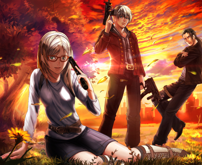 1girl, 2boys, alternate_costume, blonde_hair, end_of_eternity, glasses, gun, hairband