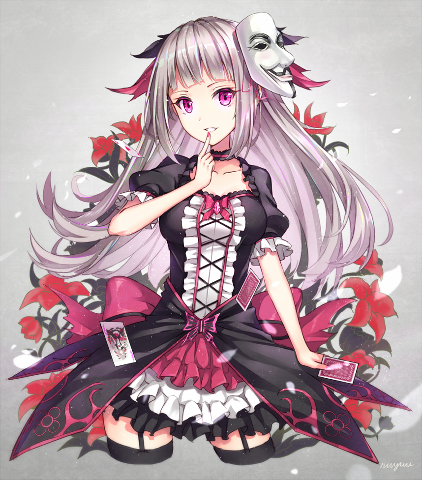 1girl, black_dress, black_legwear, card, choker, collarbone, cowboy_shot, dress