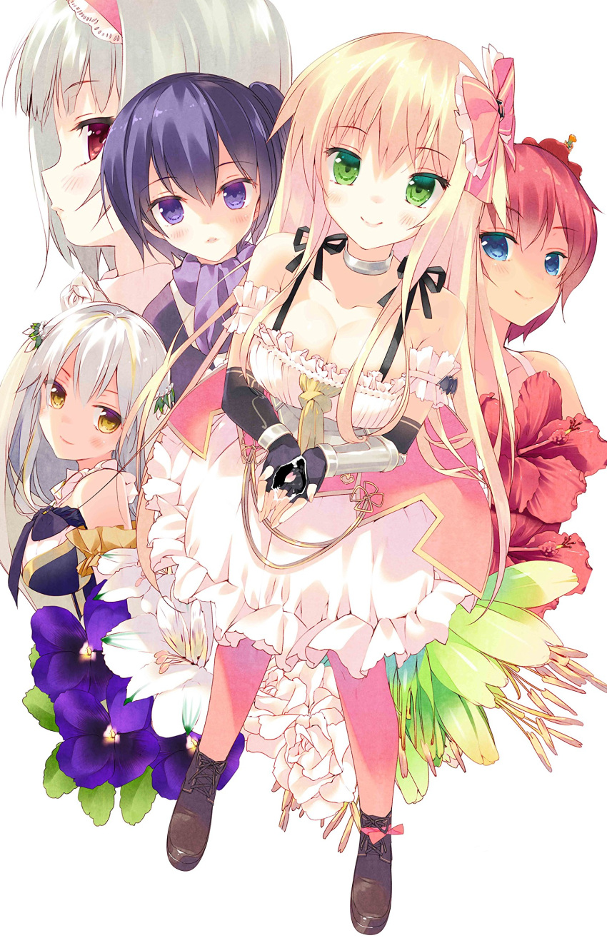 5girls, absurdres, albino, alstroemeria_(flower_knight_girl), artist_request, black_bow, black_gloves, blonde_hair