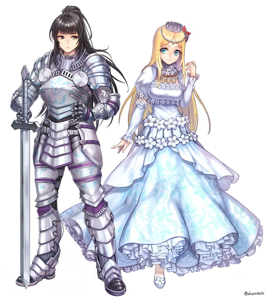 2girls, aken, arm_at_side, armor, armored_boots, bangs, black_hair, blue_eyes