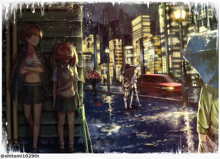 1boy, 3girls, black_hair, brown_eyes, brown_hair, character_request, collarbone, crossed_arms, grey_skirt, groin, hair_ribbon, holding, holding_umbrella, kamijou_touma, long_hair, michimaru_(michi), midriff, misaka_mikoto, multiple_girls, navel, outdoors, pleated_skirt, rain, ribbon, sarashi, shirai_kuroko, short_hair, skirt, socks, to_aru_majutsu_no_index, twintails, umbrella, white_legwear
