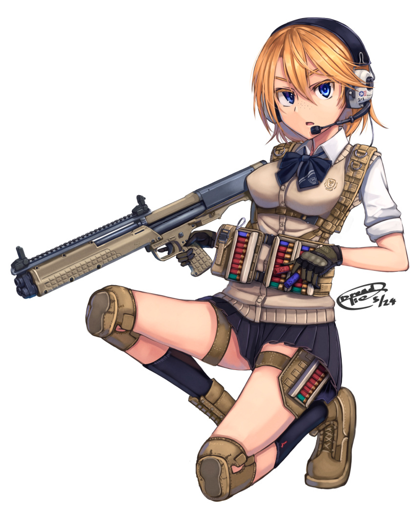 1girl, blonde_hair, blue_eyes, dreadtie, freckles, gloves, gun, headset