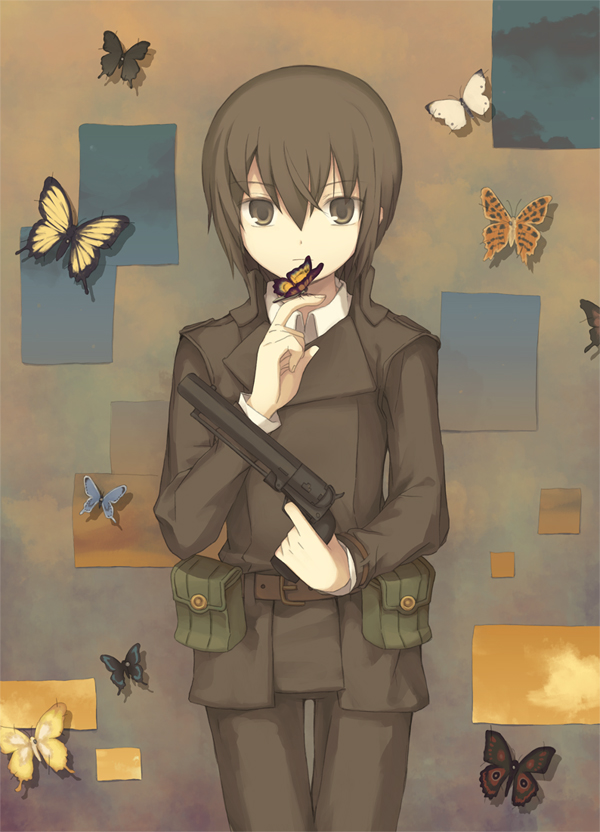 androgynous, bad_id, brown_eyes, brown_hair, butterfly, gun, handgun, hat
