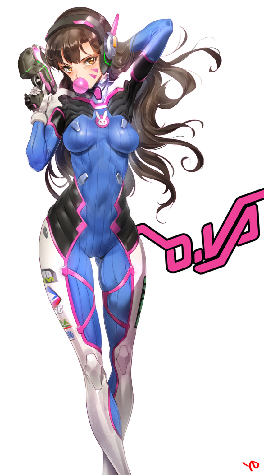 1girl, brown__hair, brown_eyes, bubble_blowing, d.va_(overwatch), gun, headphones, highres, long_hair, overwatch, solo, weapon, yang-do