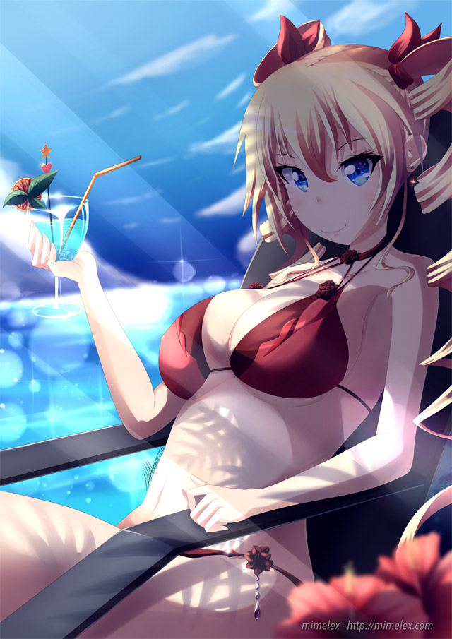 1girl, bikini, chair, claire_harvey, drill_hair, drink, hundred, long_hair