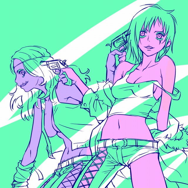 2girls, asymmetrical_clothing, belt, breasts, coat, collarbone, d.gray-man, david