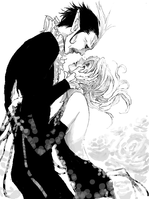 1boy, 1girl, arystar_krory, bare_back, bare_shoulders, black_sclera, couple, d.gray-man