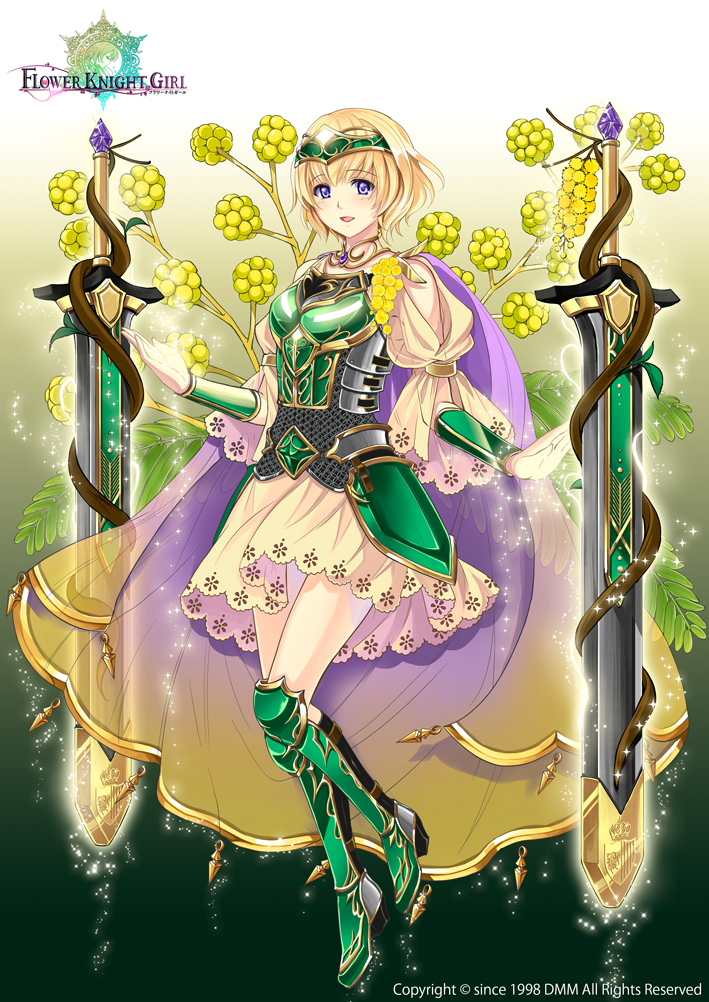1girl, acacia_(flower_knight_girl), armor, armored_dress, blonde_hair, boots, cape, circlet, city_forest_online, flower, flower_knight_girl, full_body, gradient, gradient_background, green_background, green_boots, knee_boots, looking_at_viewer, metal_boots, official_art, see-through, short_hair, skirt, smile, solo, standing, sword, violet_eyes, weapon, white_background, yellow_skirt